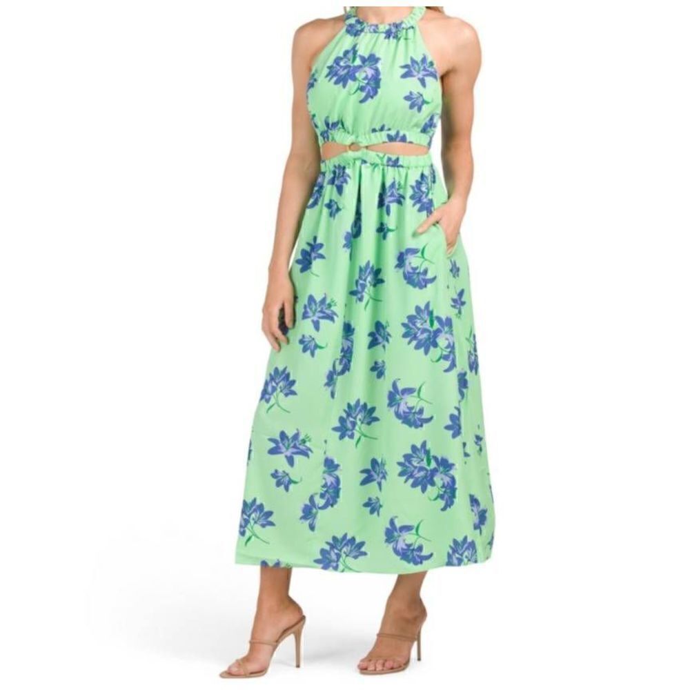 Likely Karrica Dress Pistachio Green Blue Floral Pockets Crepe Cutouts NWT 12